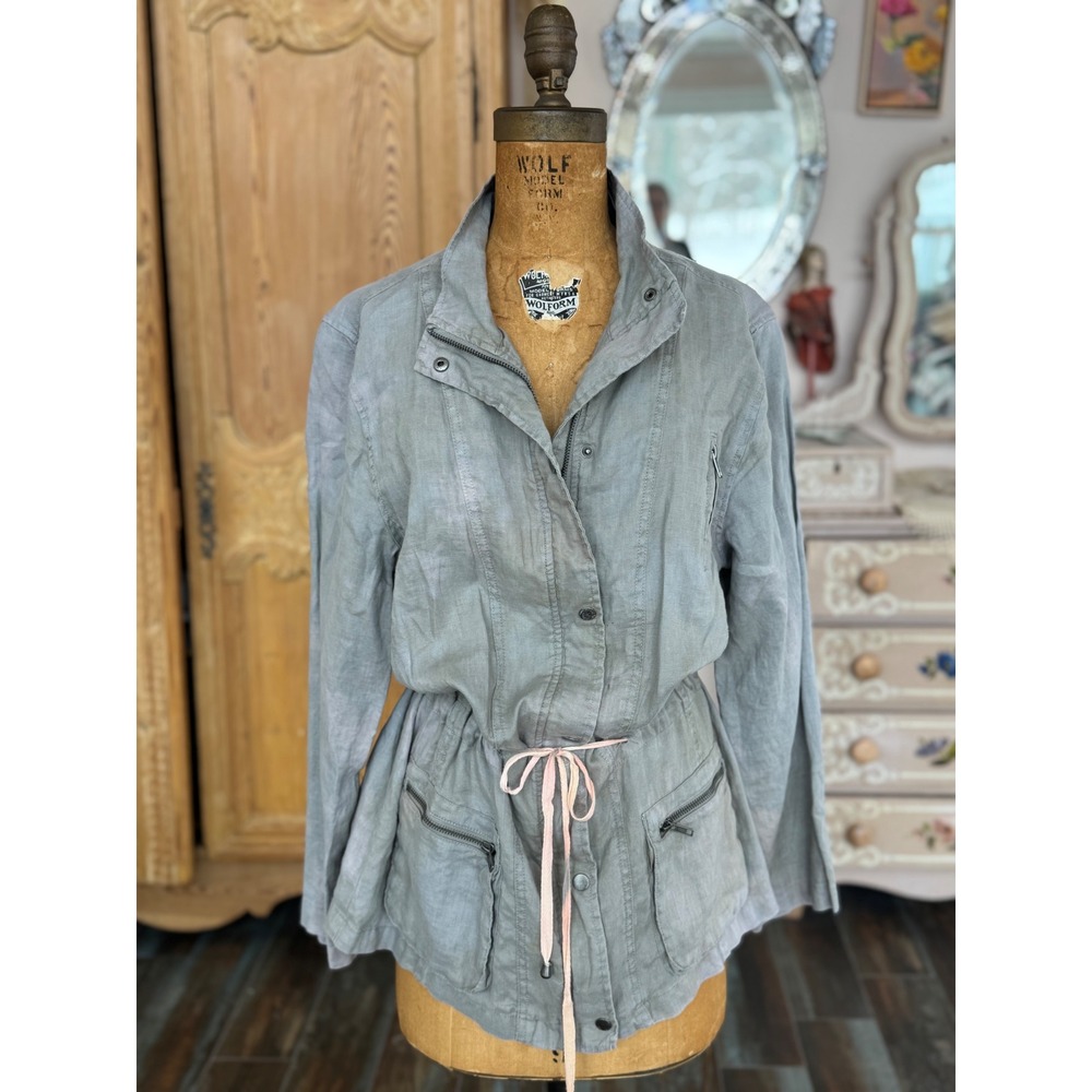 100% Linen Utility Jacket Size L – Drawstring Waist Bird Patch One of a‎ Kind - Picture 8 of 11